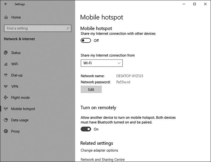 A screenshot shows the Mobile hotspot tab of the Network & Internet settings app. The Share My Internet Connection With Other Devices option is not enabled. The Share My Internet Connection From option is configured for Wi-Fi. The Turn on Remotely option is enabled.