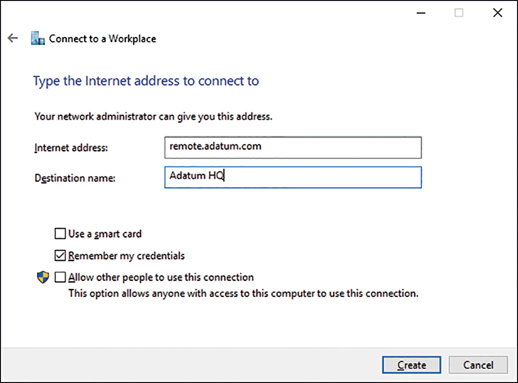 A screenshot shows the Type The Internet Address To Connect To page of the Connect To A Workplace Wizard. An Internet Address of remote.adatum.com is configured, and a Destination Name of Adatum HQ is configured. Other options are Use A Smart Card, Remember My Credentials (enabled), and Allow Other People To Use This Connection.
