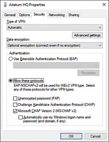 A screenshot shows the Security tab of the Adatum HQ Properties dialog box. Options shown are: Type Of VPN: Automatic; Data Encryption: Optional Encryption (Connect Even If No Encryption). Authentication option Microsoft CHAP Version 2 (MS-CHAP v2) is enabled.