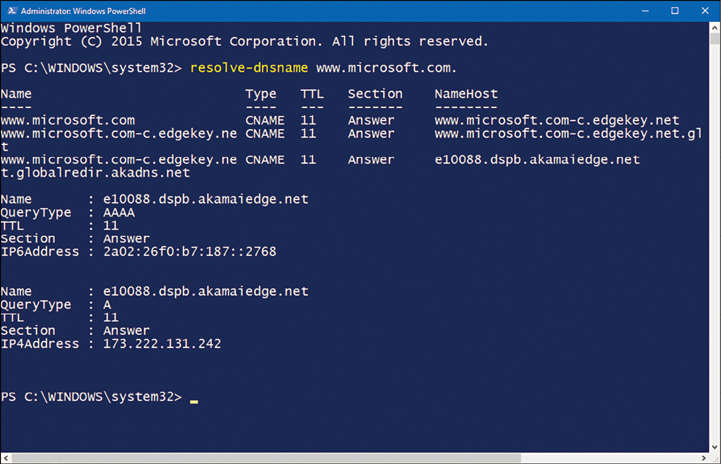 A screenshot shows the output returned from the Windows PowerShell cmdlet, resolve-dnsname www.microsoft.com. Results returned are two records, both of type CNAME and a TTL of 11.