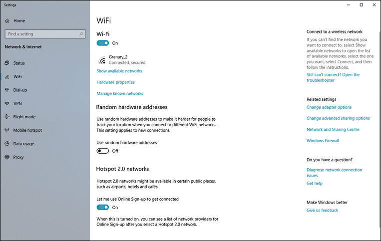 A screenshot shows the Manage WiFi Settings app in Settings. Options shown are Show Available Networks, Hardware Properties, Manage Known Networks, Use Random Hardware Addresses, Let e Use Online Sign-Up To Get Connected.