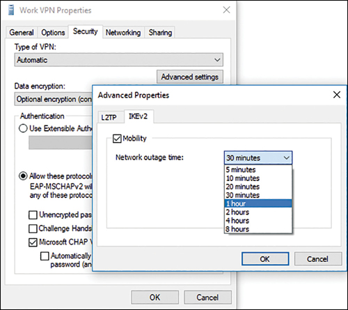 A screenshot showing the Advanced Properties dialog box, which enables configuration of the Network Outage Time for the VPN Reconnect feature. There are two tabs, L2TP and IKEv2. IKEv2 is selected, and the Mobility check box is selected. The Network Outage Time has a drop-down menu with options ranging from 5 Minutes to 8 Hours (1 Hour is highlighted).