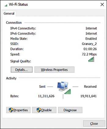 A screenshot shows the Wi-Fi Status dialog box displaying Connection and Activity details.