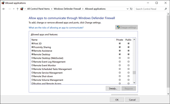 A screenshot shows the Allow Apps To Communicate Through Windows Defender Firewall dialog box. In the Allowed Apps And Features list, the following remote management features are listed: Print 3D, Proximity Sharing, Remote Assistance, Remote Desktop, Remote Event Log Management, Remote Event Monitor, Remote Scheduled Tasks Management, Remote Service Management, Remote Shut-down, and Remote Volume Management.