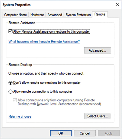 A screenshot shows the Remote tab of the System Properties dialog box. Under Remote Assistance, Allow Remote Assistance Connections To This Computer is enabled. Under Remote Desktop, Don't Allow Remote Connections To This Computer is selected.
