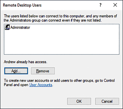 A screenshot shows the Remote Desktop Users dialog box. The local Administrator user has been granted Remote Desktop permissions.
