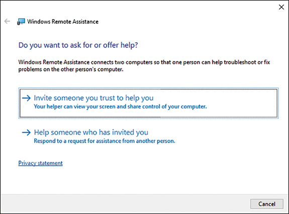 A screenshot shows the Do You Want To Ask For Or Offer Help page of the Windows Remote Assistance Wizard. Two options are shown: Invite Someone You Trust To Help You and Help Someone Who Has Invited You.