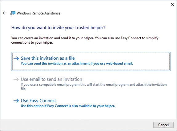 A screenshot shows the How Do You Want To Invite Your Trusted Helper page of the Windows Remote Assistance Wizard. Three options are shown: Save This Invitation As A File, Use Email To Send An Invitation, and Use Easy Connect. Use Email To Send An Invitation is not available because the local machine is not configured with an email account.