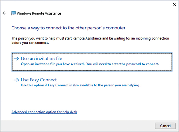 A screenshot shows the Choose A Way To Connect To The Other Person's Computer page in the Windows Remote Assistance Wizard. Available options are Use An Invitation File, Use Easy Connect, and Advanced Connection Option For Help Desk.