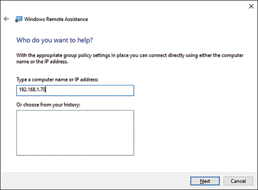 A screenshot shows the Who Do You Want To Help? page of the Windows Remote Assistance Wizard. A text box labeled Type A Computer Name Or IP Address is shown with the 192.168.1.70 IP address entered.