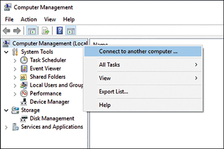 A screenshot shows the Computer Management snap-in with the focus on the Local computer. The administrator has right-clicked the Computer Management (Local) node and chosen Connect To Another Computer.