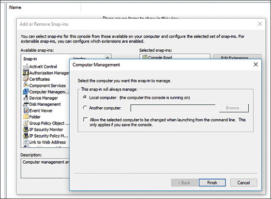 A screenshot shows the Computer Management dialog box overlaid on the Add Or Remove Snap-ins dialog box. The user is pointing the Computer Management snap-in to another computer. Another Computer is selected, but the computer name is not yet entered.