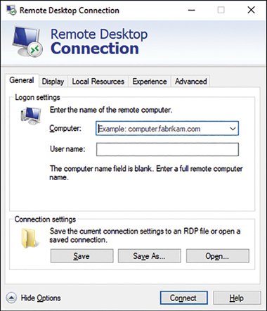 A screenshot shows the General tab of the Remote Desktop Connection dialog box. Under the Log-on Settings heading, Computer and Username boxes are shown. Beneath the Connection Settings heading, Save, Save As, and Open buttons are shown. Also shown are the Connect and Help buttons.
