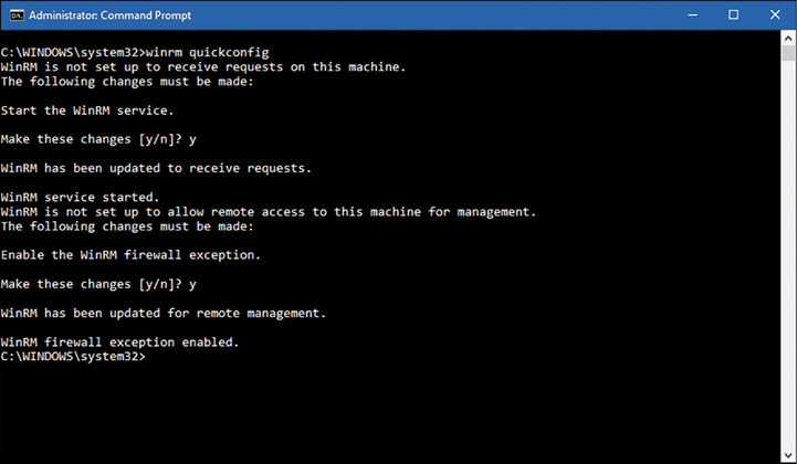 A screenshot shows the result of running the winrm quickconfig command in an elevated command prompt.