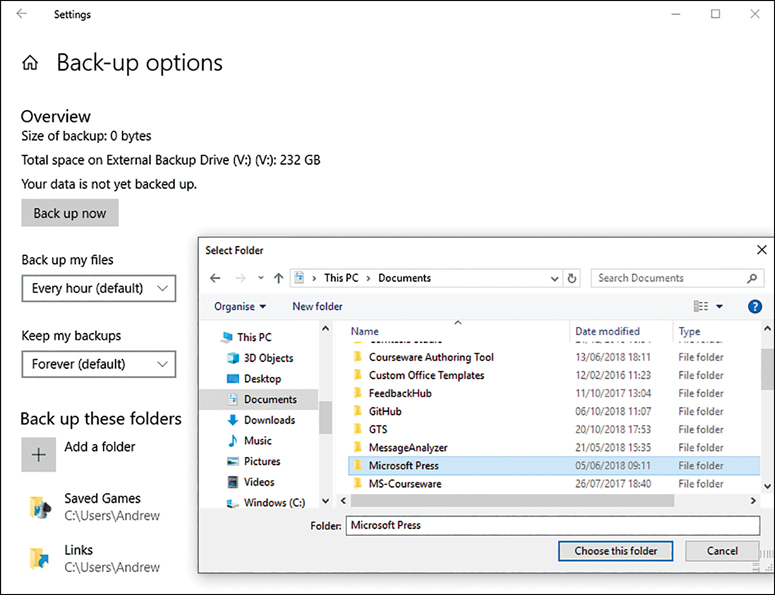 A screenshot shows the Select Folder dialog box with the DocumentsMicrosoft Press folder selected. The Select Folder dialog box is shown in front of the Backup Options screen.