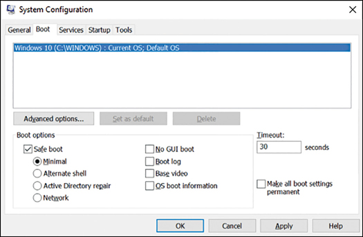 A screenshot that displays the Boot tab on the System Configuration tool. Safe Boot has been selected.