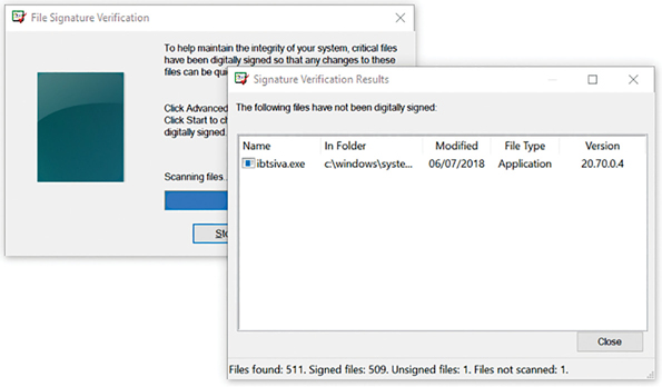 A screenshot shows the output for the sigverif.exe tool. A file, ibtsiva.exe, has been identified as unsigned.