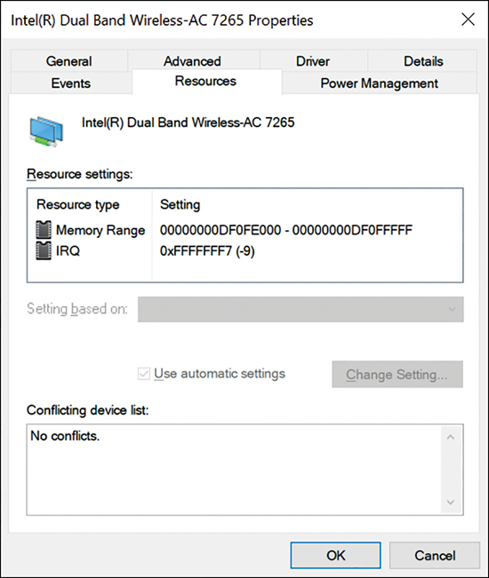 A screenshot shows the Resources tab of the Intel(R) Dual Band Wireless-AC 7265 Properties dialog box. The Use Automatic Settings option is selected and is non-configurable.