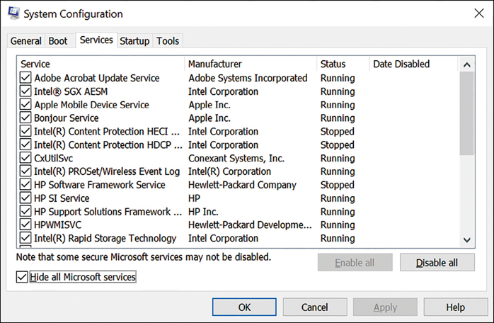 A screenshot shows the Services tab of the System Configuration tool. The administrator has selected the Hide All Microsoft services check box. Therefore, only non-Microsoft services are displayed.