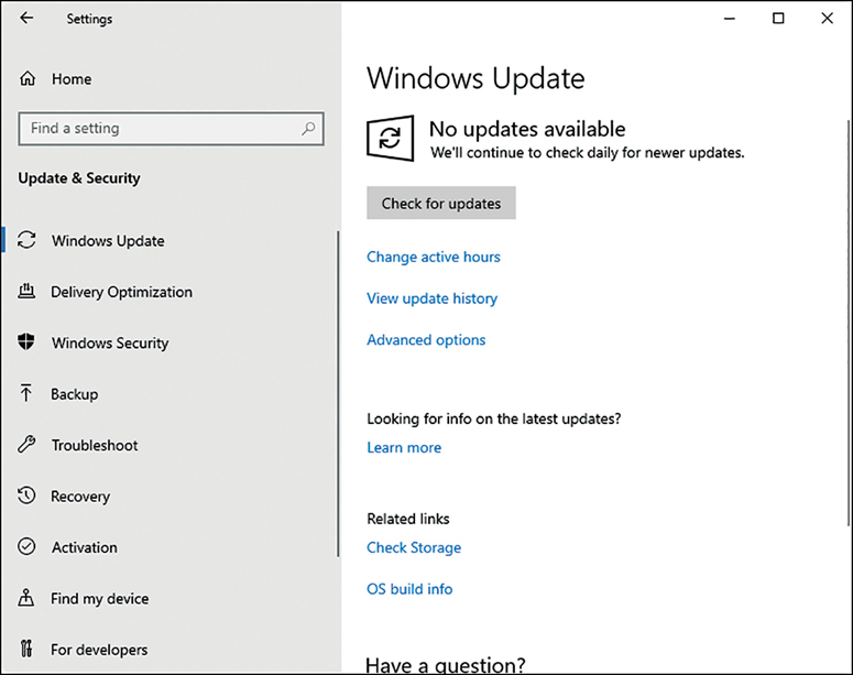 A screenshot shows the Windows Update page on the Settings app. Links are displayed for Change Active Hours, View Update History, and Advanced Options.