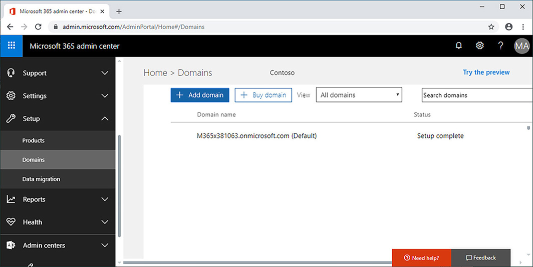 A screen shot shows the Domains node of the Microsoft 365 Admin Center.