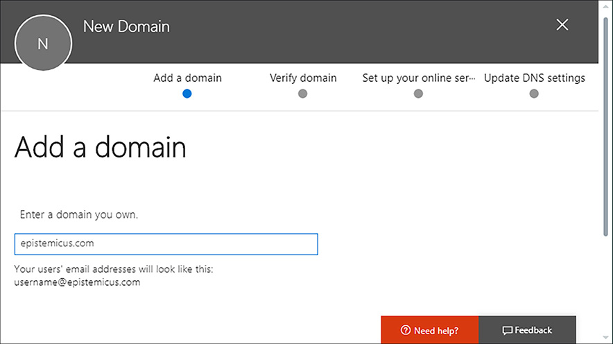 A screen shot shows Add A Domain page in the New Domain for Microsoft 365 wizard.