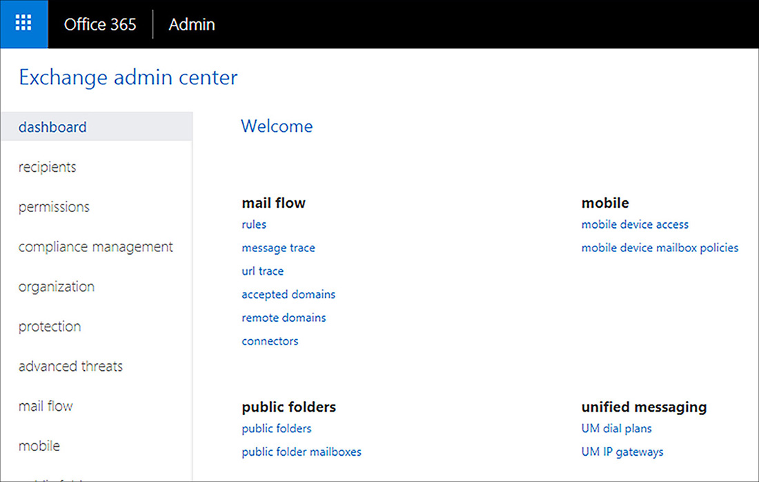 The screen shot shows the Accepted Domains option under Mail Flow when Dashboard is selected in Exchange Admin Center.