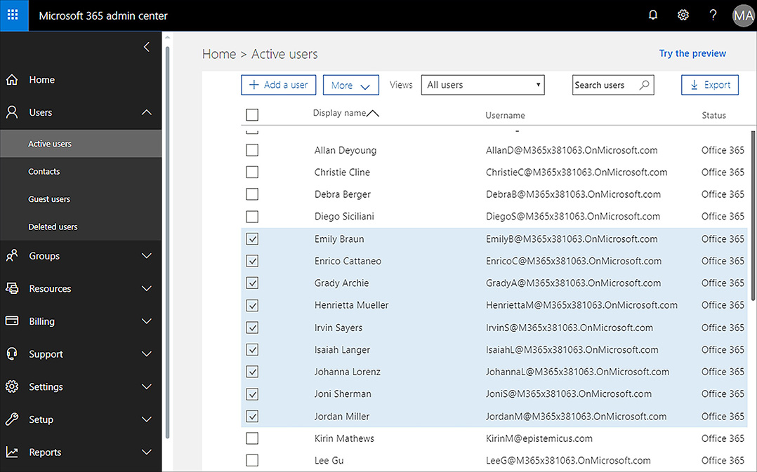 A screen shot shows multiple users selected in the Microsoft 365 Admin Center.