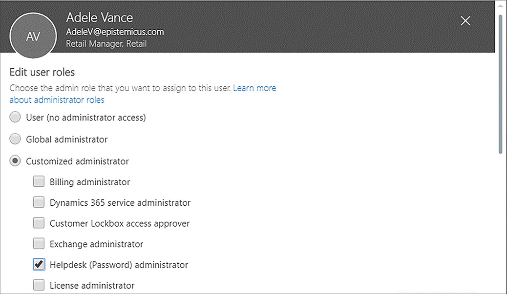 A screen shot shows a user named Adele Vance being assigned the Helpdesk (Password) administrator role.