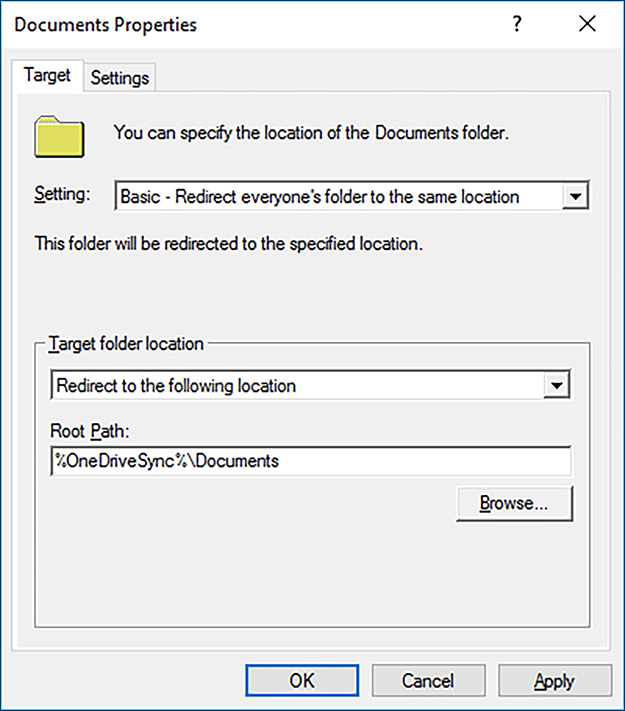 A screen shot shows the Documents properties dialog box of a document redirection policy.