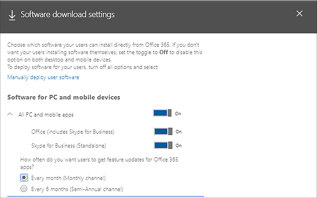 A screen shot shows the Software download settings with the feature update settings set to Every month.
