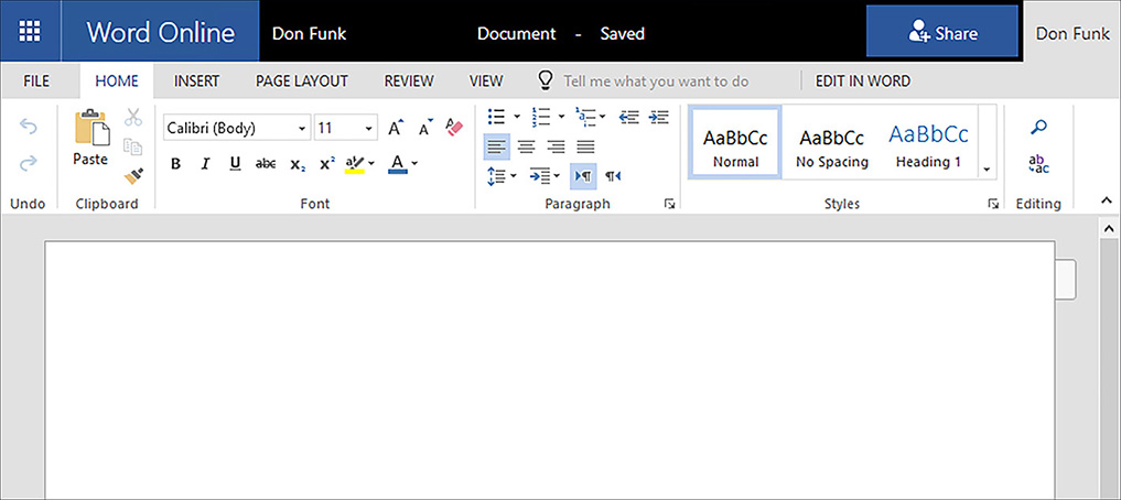 The figure shows a screen shot of Word Online running in a web browser. No text is displayed in a blank document.