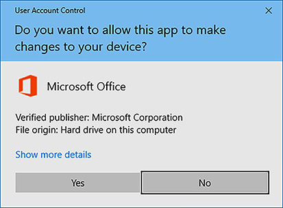 A screen shot shows the User Account Control dialog box with the Program Name set to Microsoft Office Click-to-Run and the publisher set to Microsoft Corporation.