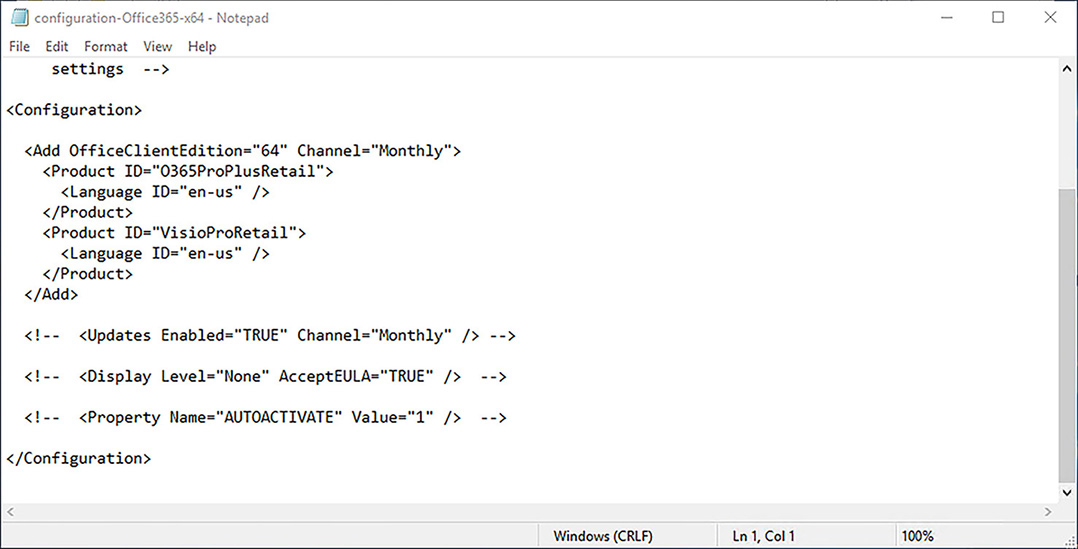 A screen shot shows a sample Configuration.xml file that is available with the Office Deployment Tool.