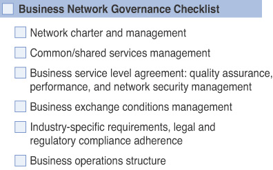 A figure shows a checklist of key elements for business network governance.