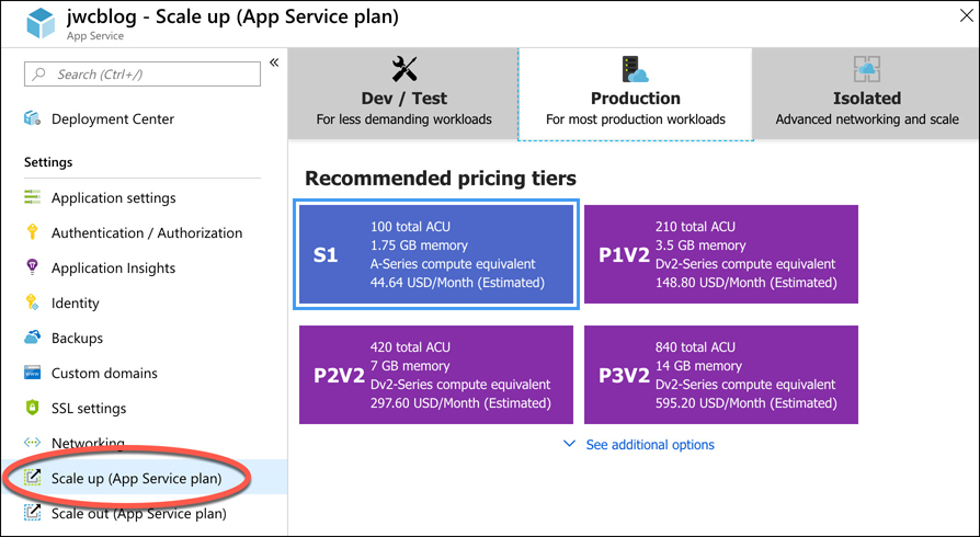 A screen shot showing the Scale Up option for a web application running in Azure App Service.
