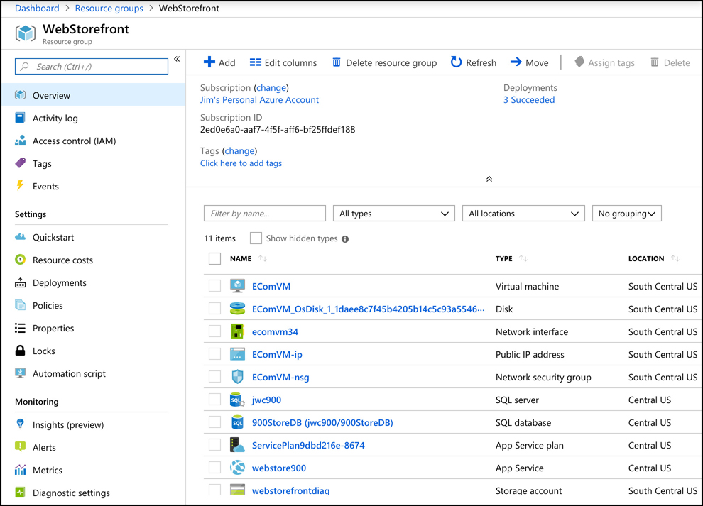 If you open a resource group in the Azure portal, you will only  see the resources shown in in the resource group. In this figure, I see all of the resources that I’ve deployed into the WebStorefront resource group.