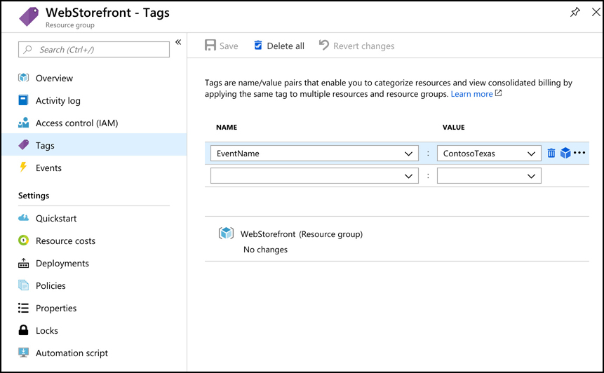  A screen shot showing a tag on a resource group in the Azure portal. By tagging Azure resources like resource groups, you can easily create and track categories for resources.