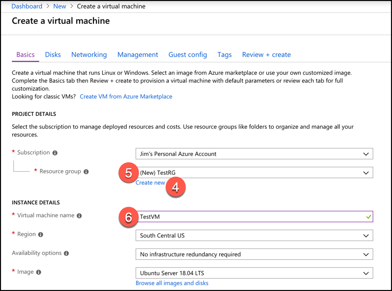 A screen shot showing the Basics screen during VM creation in the Azure portal. Create a new resource group called TestRG for your VM by clicking Create New. Then name your VM TestVM.