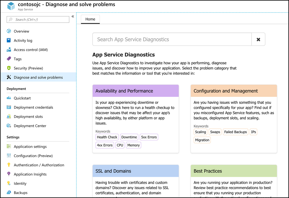 In this screen shot, App Service Diagnostics is shown in the Azure portal. Each time you click a menu item, the content in the blade on the right is updated with new content.