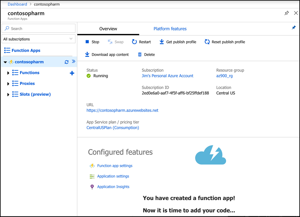 The Function App in the Azure portal. From here, you can create new functions and change settings for the Function App.