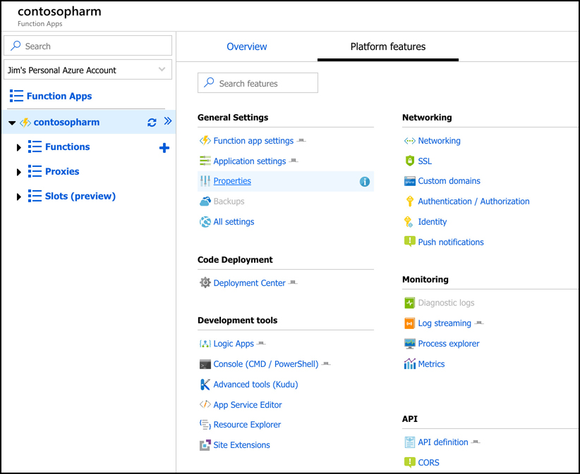 This screen shot shows a Function App in the Azure portal. Because Function Apps run on Azure App Service, you get a large number of platform features that you can configure, including SSL, custom domains, and turn-key authentication.
