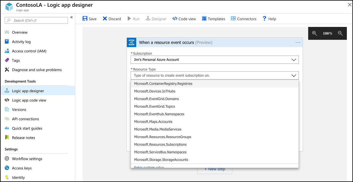 Many Azure resources are available in Event Grid, and more Azure services are being added. In this screen shot, I’m configuring an Event Grid trigger in a Logic App.