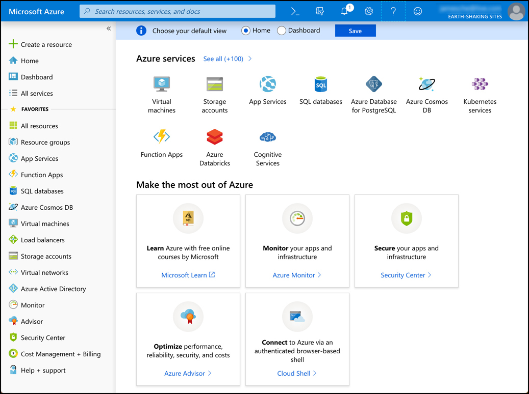 The Azure portal is your web-based interface into your Azure services. In this figure, you can see the Home screen where you can drill down into all your Azure resources.