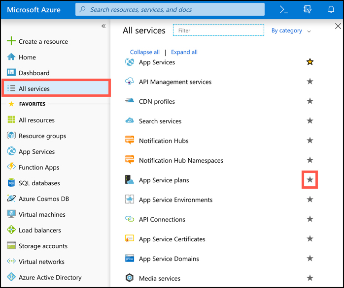 In this screen shot, the list of all services is shown in the Azure portal. If you don’t see a service in the menu that you’d like to see, click All Services and click the star to make that service a favorite. It will then appear in the list on the left side of the portal.