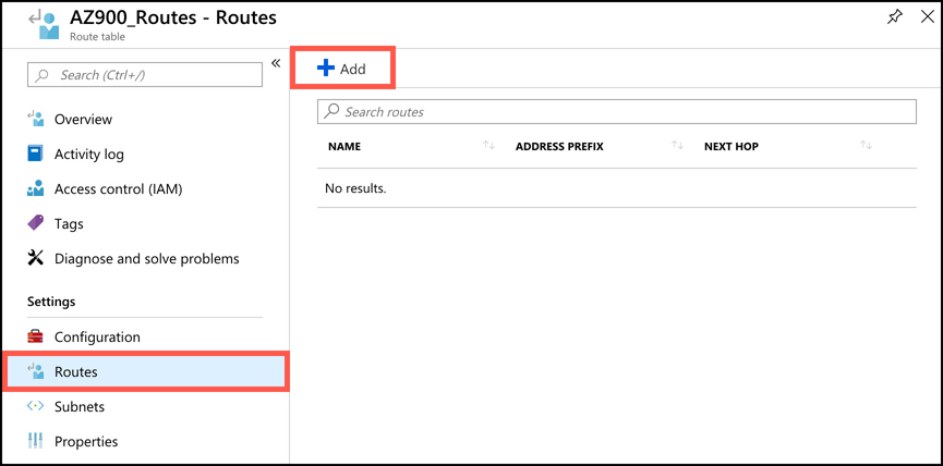 In this screen shot, a new user-defined route is being added by clicking Routes and then Add. Routes define how traffic in the associated subnets should be handled.