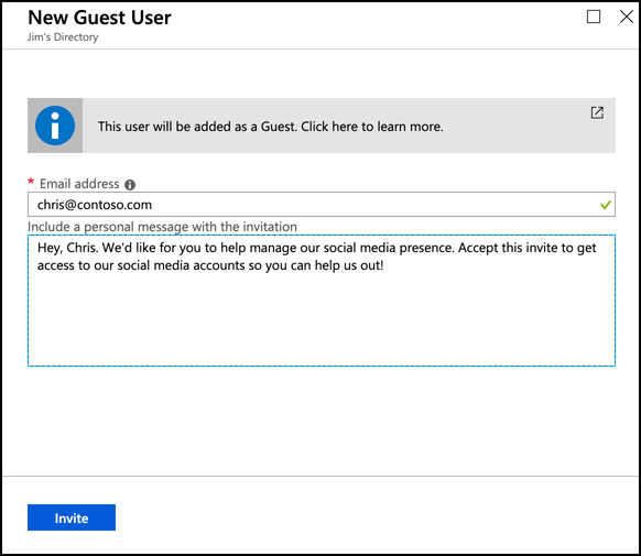 In this screen shot, a new guest user is being added to Azure AD. Guest users are users who aren’t part of your company.