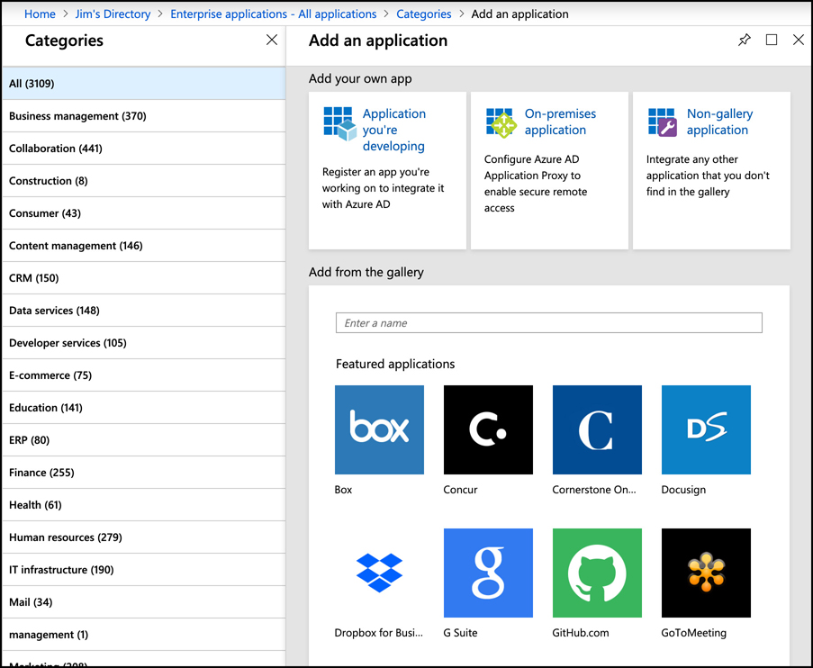 In this screen shot, a list of all enterprise applications in the gallery is shown. You can also choose to add your own application or an on-premises application.