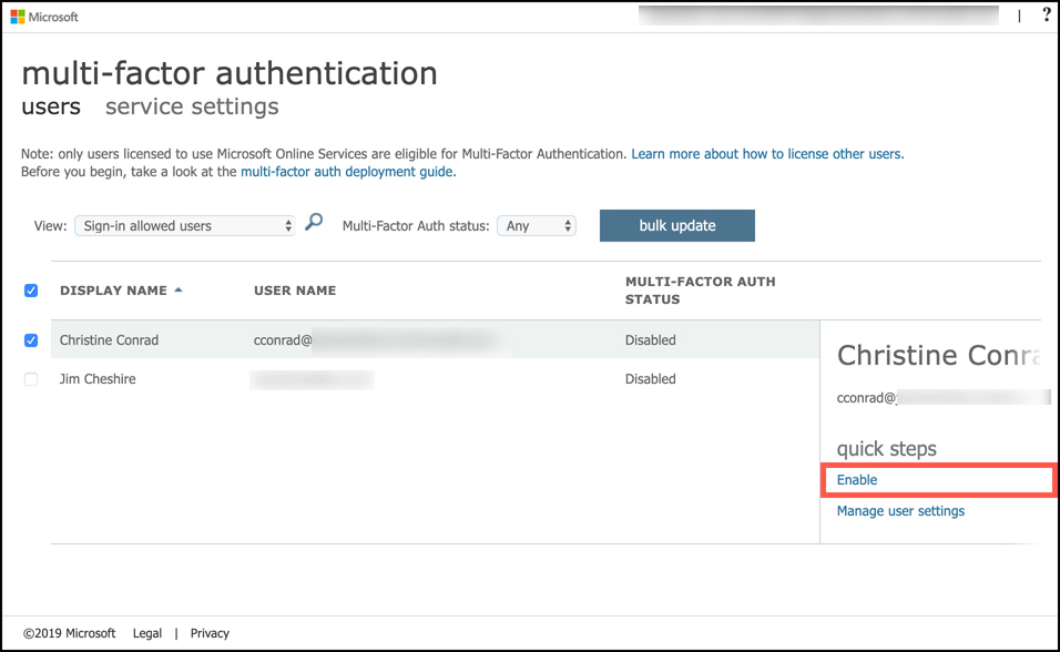 In this screen shot, multi-factor authentication is being enabled for a single user in Azure AD.