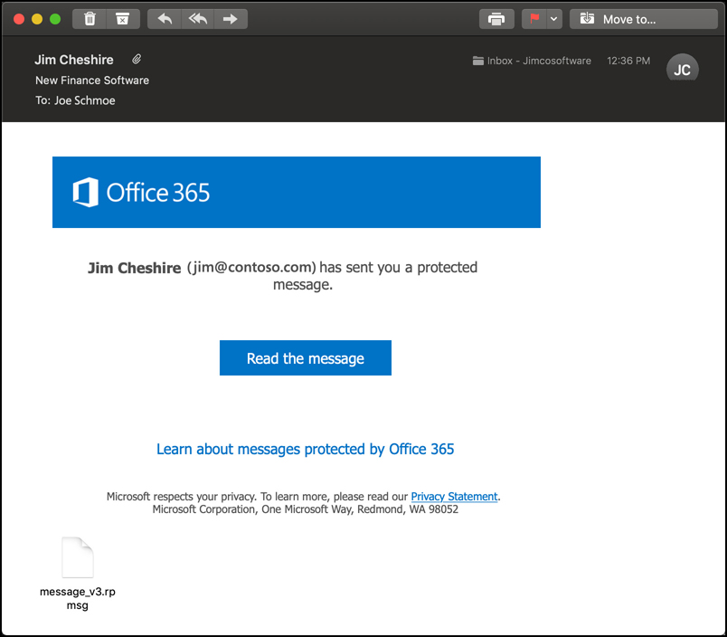In this screen shot, the Mail application in macOS is being used to open a protected message. Mail doesn’t natively support AIP, so a link is provided for the recipient to read the message in Office 365.